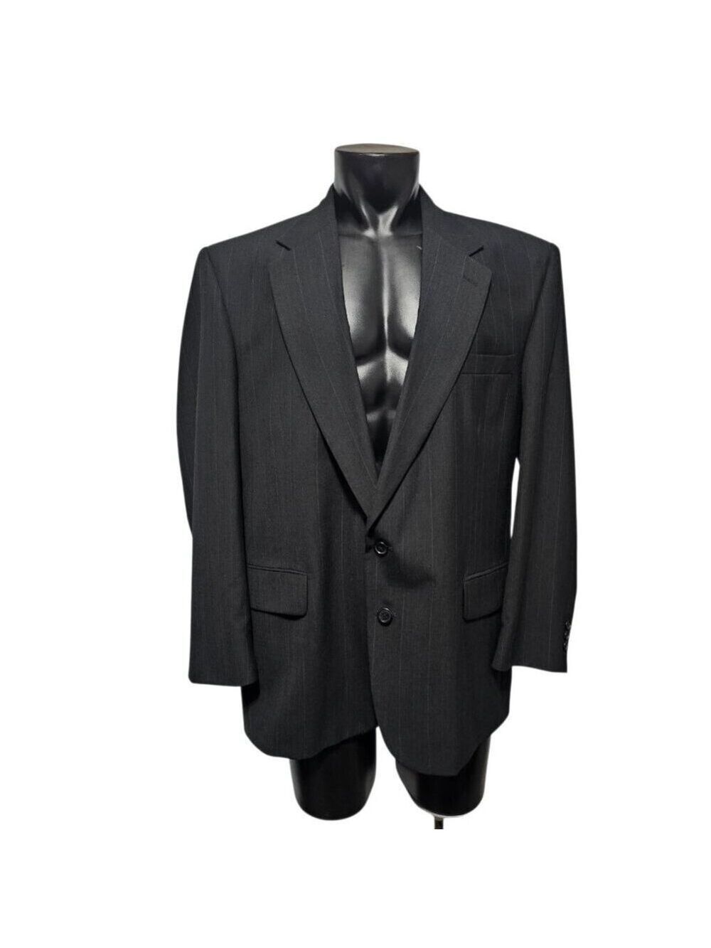 Towncraft Mens Black Striped Worsted Wool Blazer Sport Coat Suit Jacket 46R